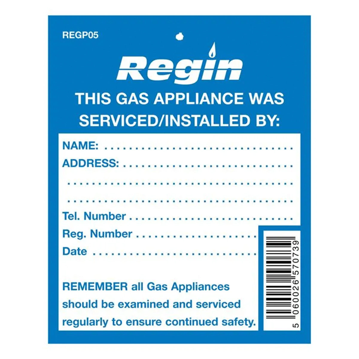 Regin Gas Appliance Serviced Tag (Pack of 8) REGP05