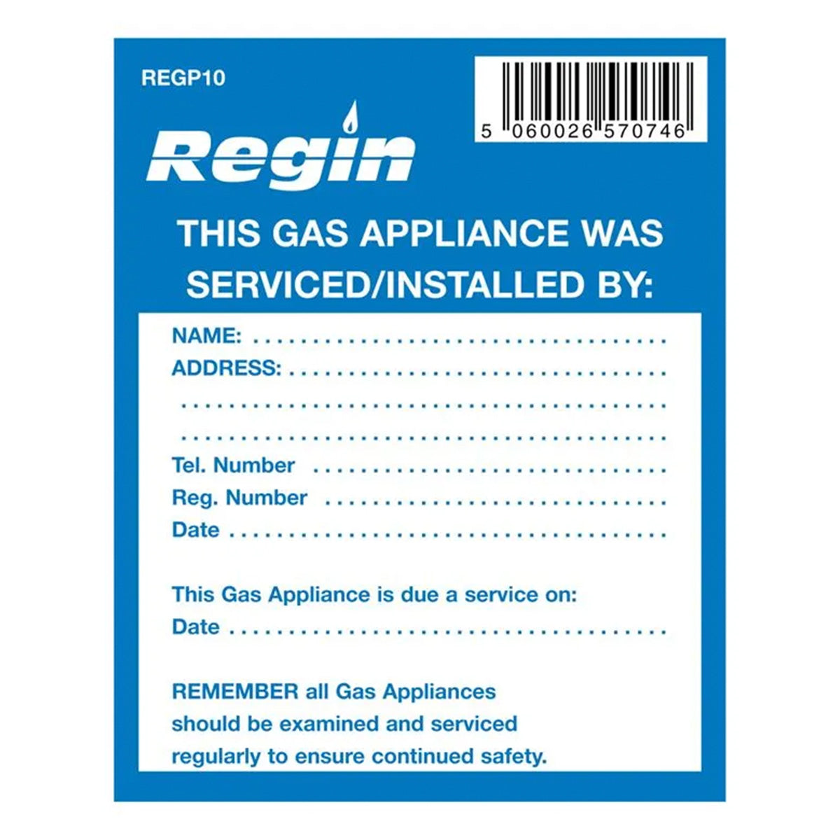 Regin Gas Appliance Serviced Sticker (Pack of 8) REGP10