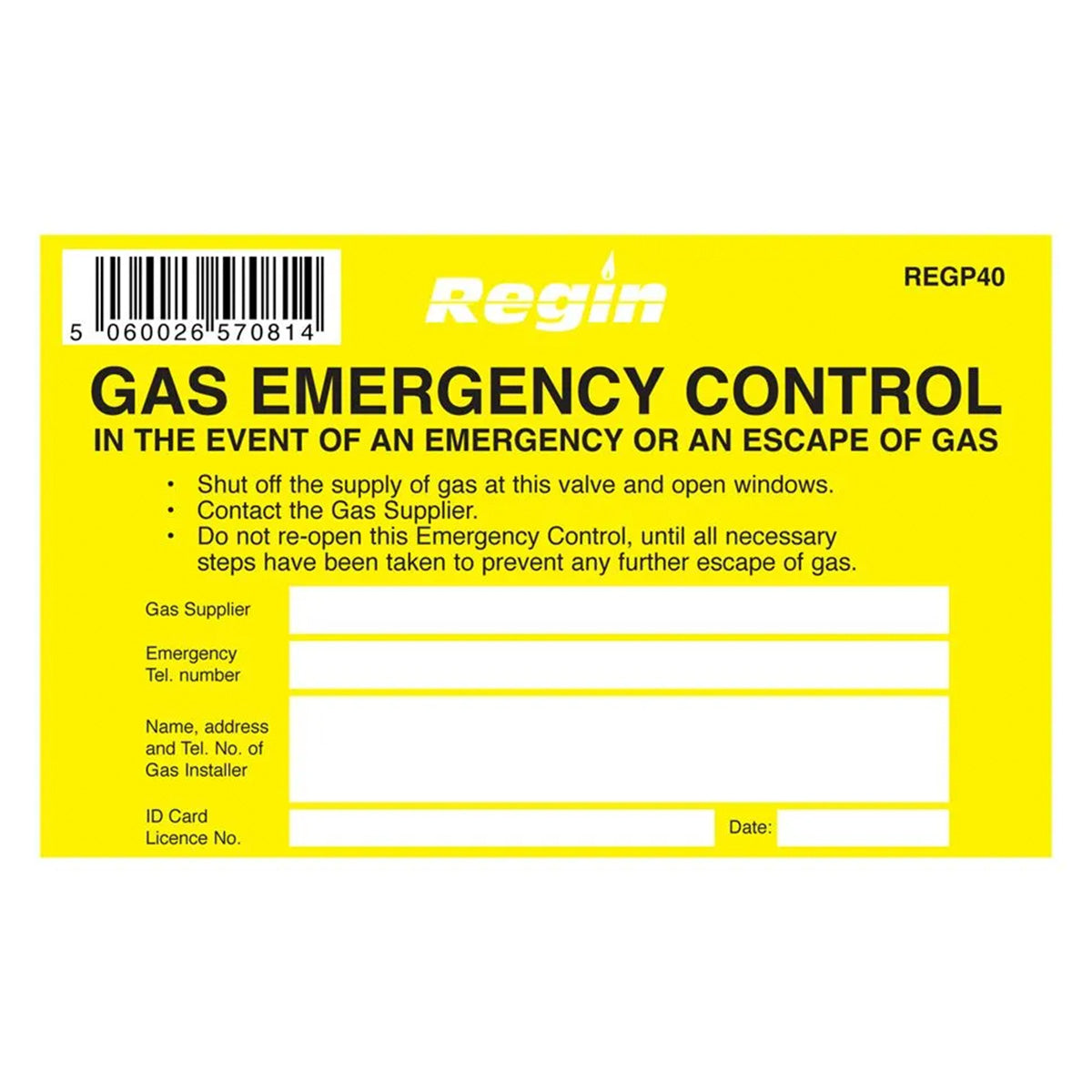 Regin Gas Emergency Control Sticker (Pack of 8) REGP40