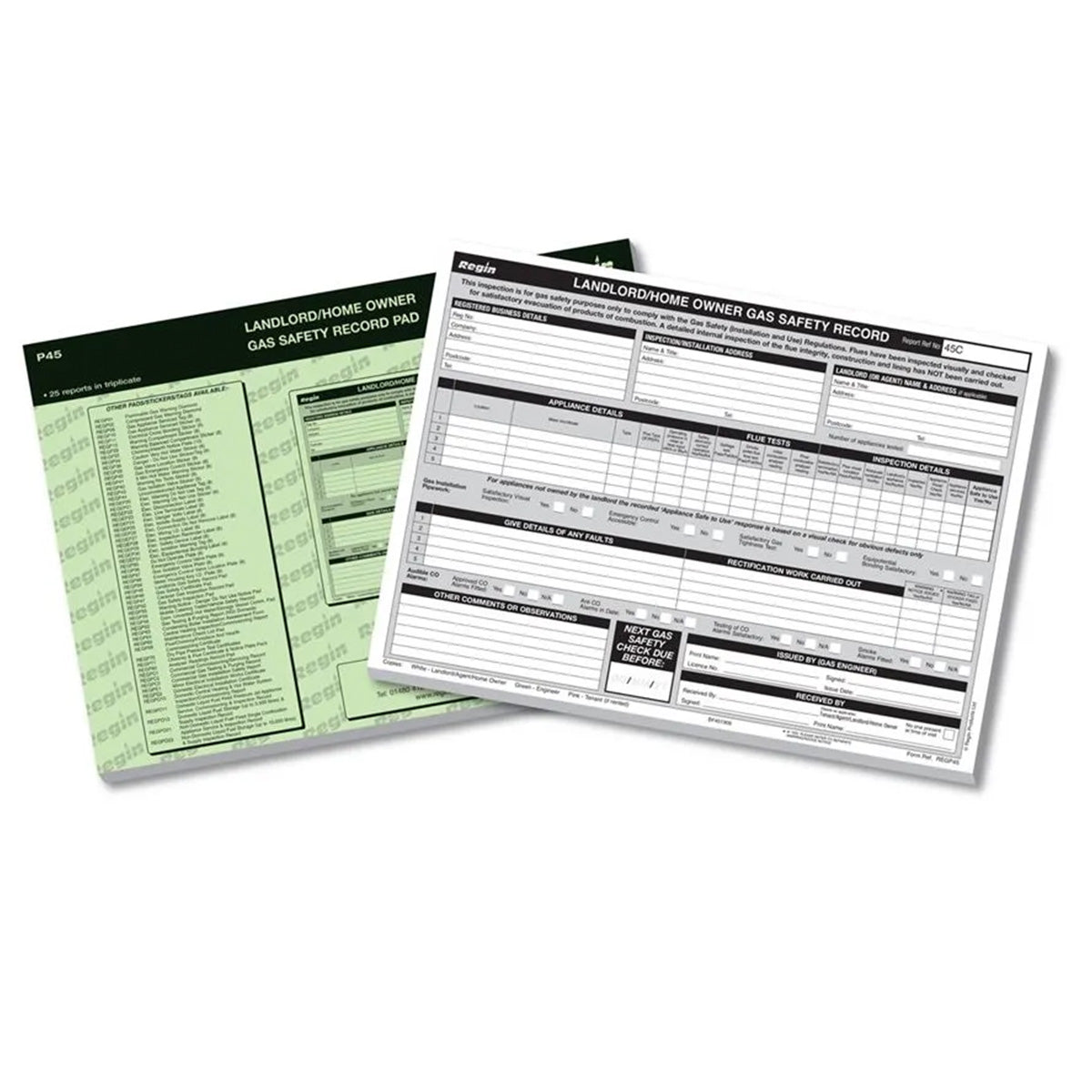 Regin Landlord Gas Safety Record Pad REGP45