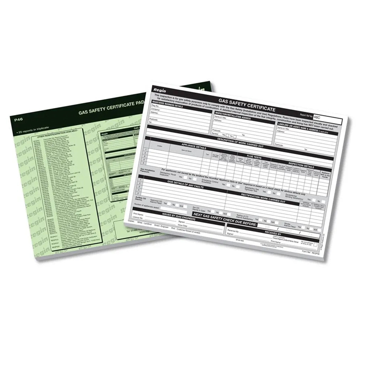 Regin Gas Safety / Landlords Certificate Pad REGP46